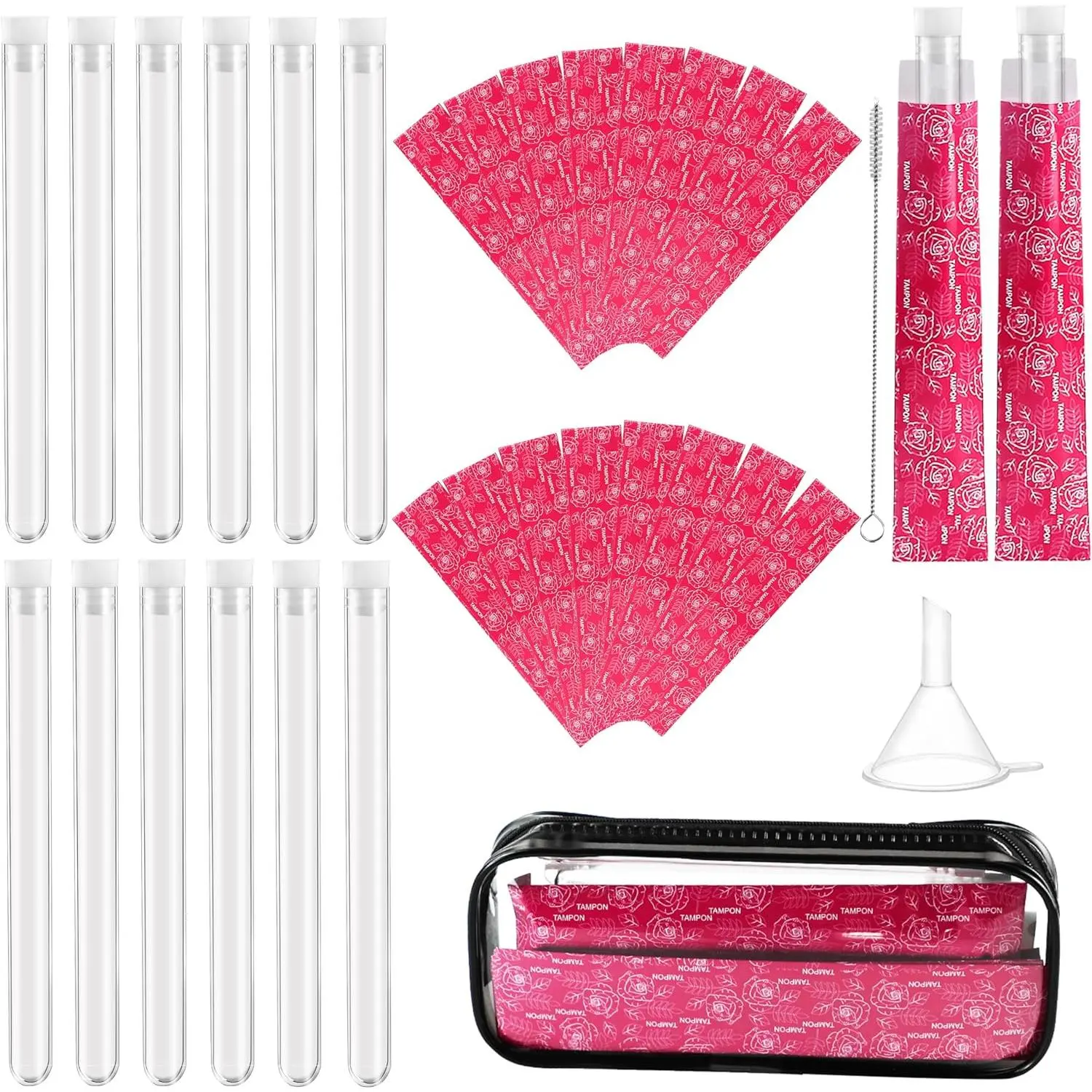 39 Pcs Secret Tampon Flasks Set for Women Includes 12 Reusable Plastic Flasks for Girls, 24 Self Adhesive Wrappers, 1 funnel,1 Clear Box, Flasks for Cruise Event, Concert, Outdoor Sports
