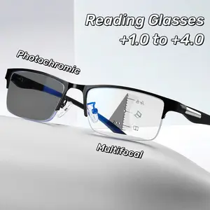 Progressive Multifocal Photochromic Reading Glasses Anti-blue Light Far Sight Glasses Men Half Frame Business Presbyopia Glasses Single -Black2