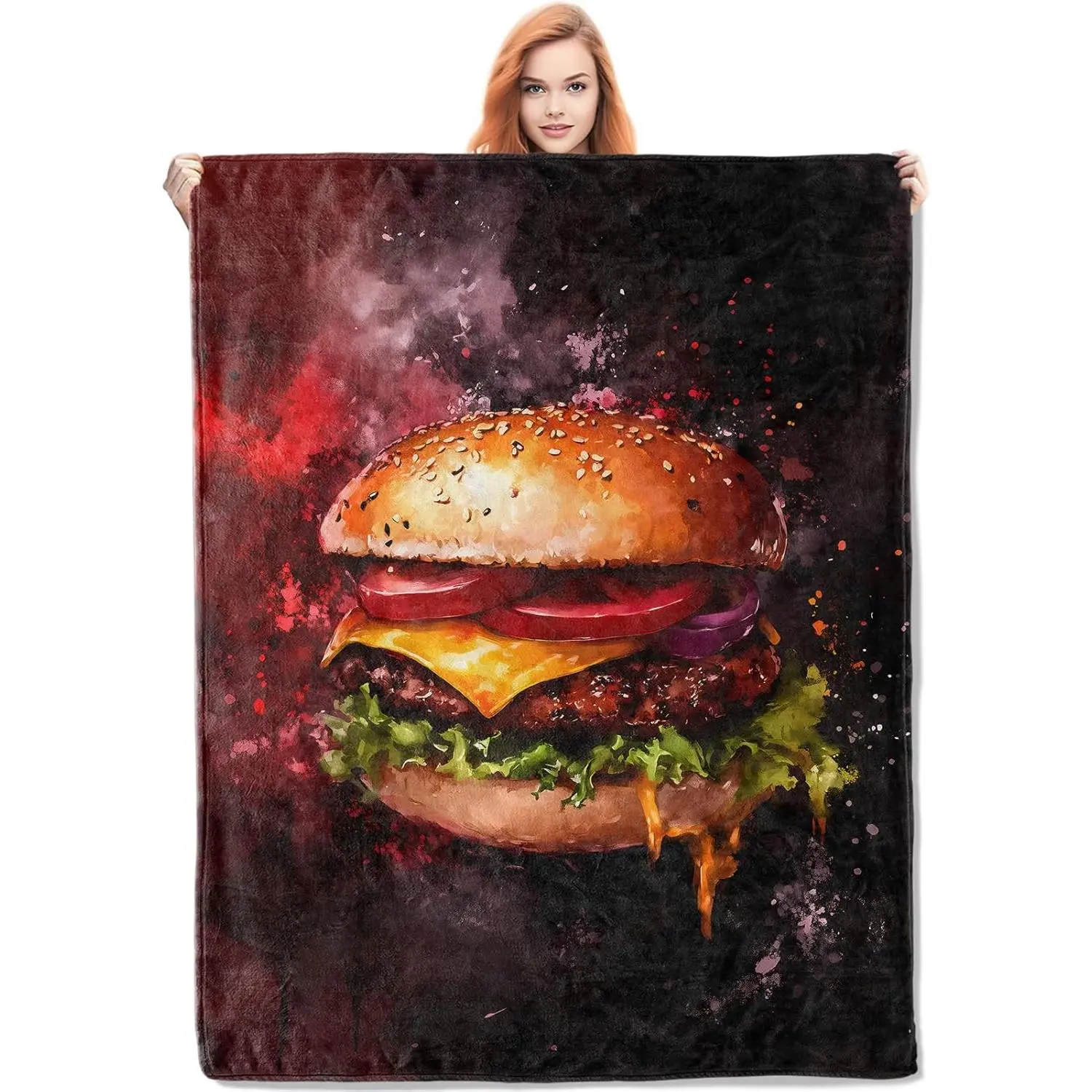 Juicy Cheeseburger Flannel Blanket, Hamburger Gifts, Food-Themed Blanket for Women, Soft Comfortable Warm Lightweight Throw Blankets for Bed Home Travel Decor