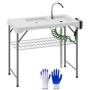 Folding Fish Cleaning Table with Sinks, Portable Camping Sink Table with Faucet, Drainage Hose, Sprayer, Shelf, Drawer and Storage Basket, Outdoor Fillet Table for Picnic Beach Patio, White