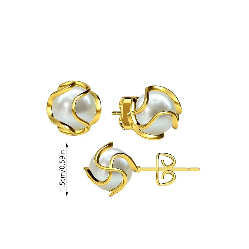Women's 1.5cm (0.59in) Gold-Plated Alloy Minimalist Irregular Geometric Artificial Pearl Stud Earrings, Secure Close Butterfly Back, Vintage Elegant Daily Costume Jewelry Gift, Everyday Accessory