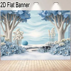 2D flat banner, 1pcWhimsical Winter Scene Banner - Pastel Blue and White Decorative Background with Light Brown Trees, Blue Hydrangea-like Leaves, Soft Snow Texture, and Delicate Flowers - Perfect for Snowy Theme Parties and Celebrations