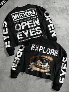 Men's Street Style Streetwear Clothing Graffiti Eye Print Knit Shirt, Trendy Fitted Graphic Tee for Casual Wear, Unique Design Fashion Top