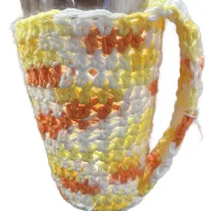 Crochet Pint Glass Holders With Handle Yellow Orange & White Colorful Design for Glassware Handmade Unique Personal Touch 6 Inches Tall Drinkware - Beverage
