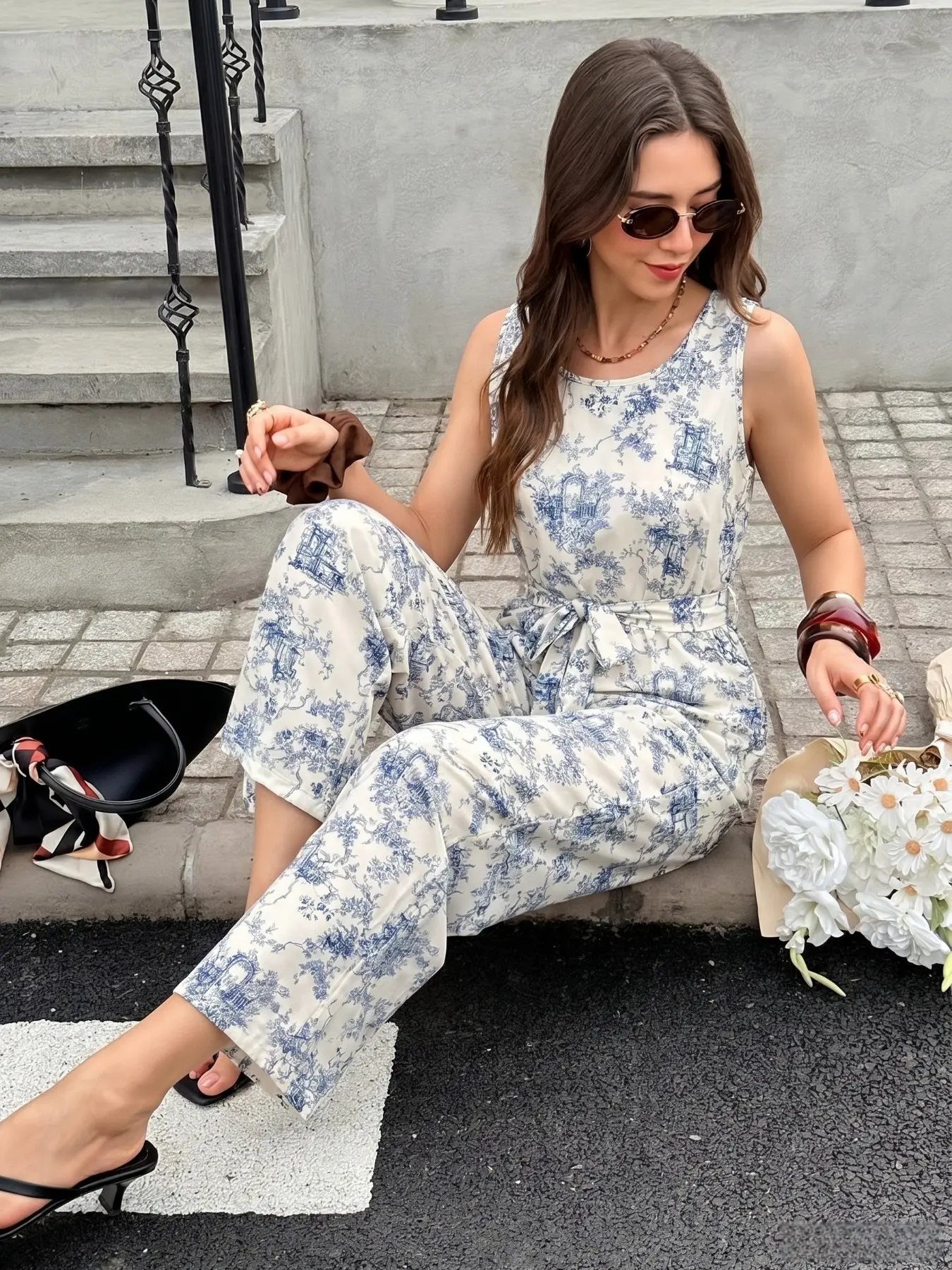 Women's Ditsy Floral Jumpsuit, Sleeveless Blue Print, Waist Tie Back Deep V, Wide Leg Summer Casual, Fitted Style