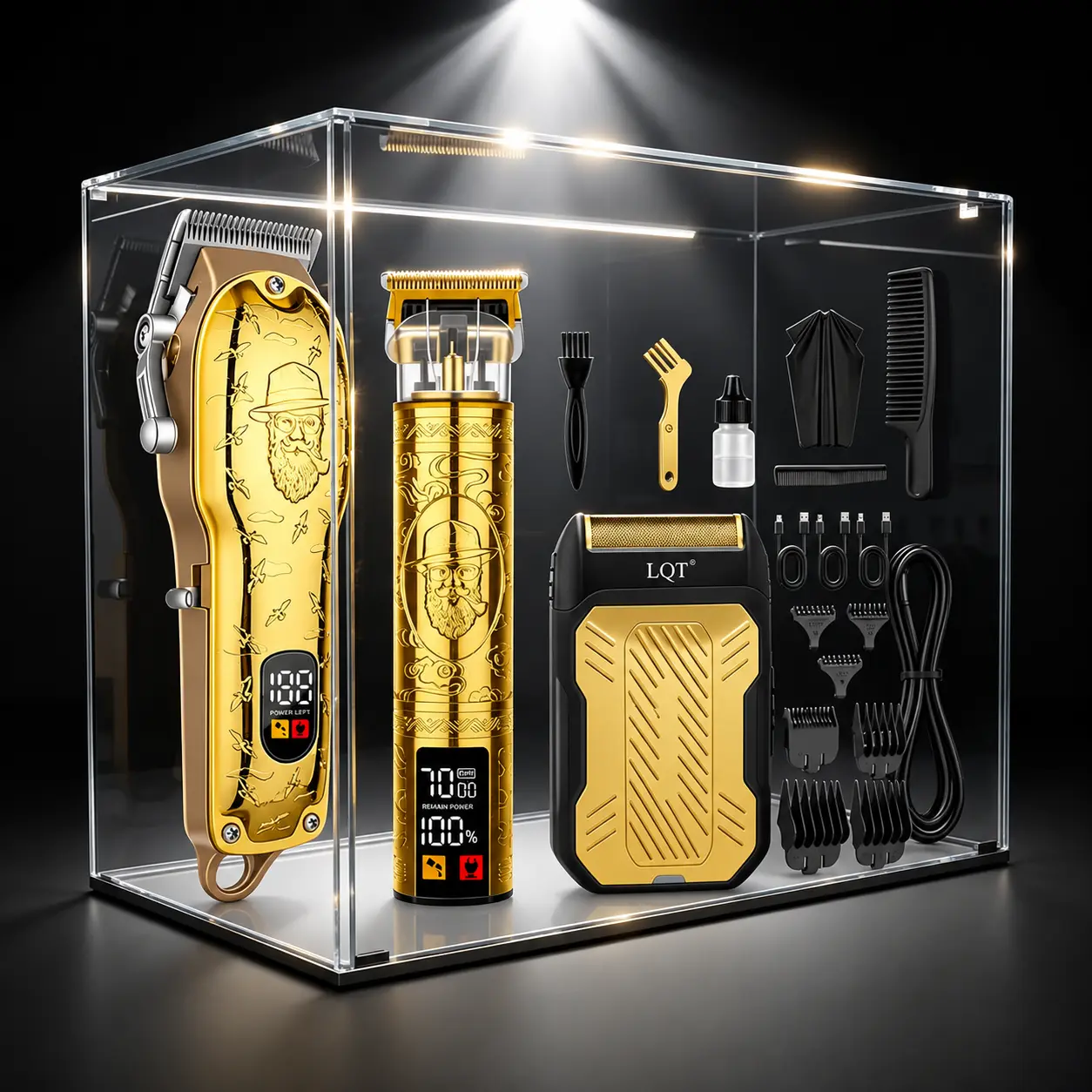 LQT Vintage Gold 3-in-1 Barber Kit | Men Hair Clipper, Detail Trimmer & Electric Shaver, Perfect Birthday & Christmas Gift For Men Adjustable