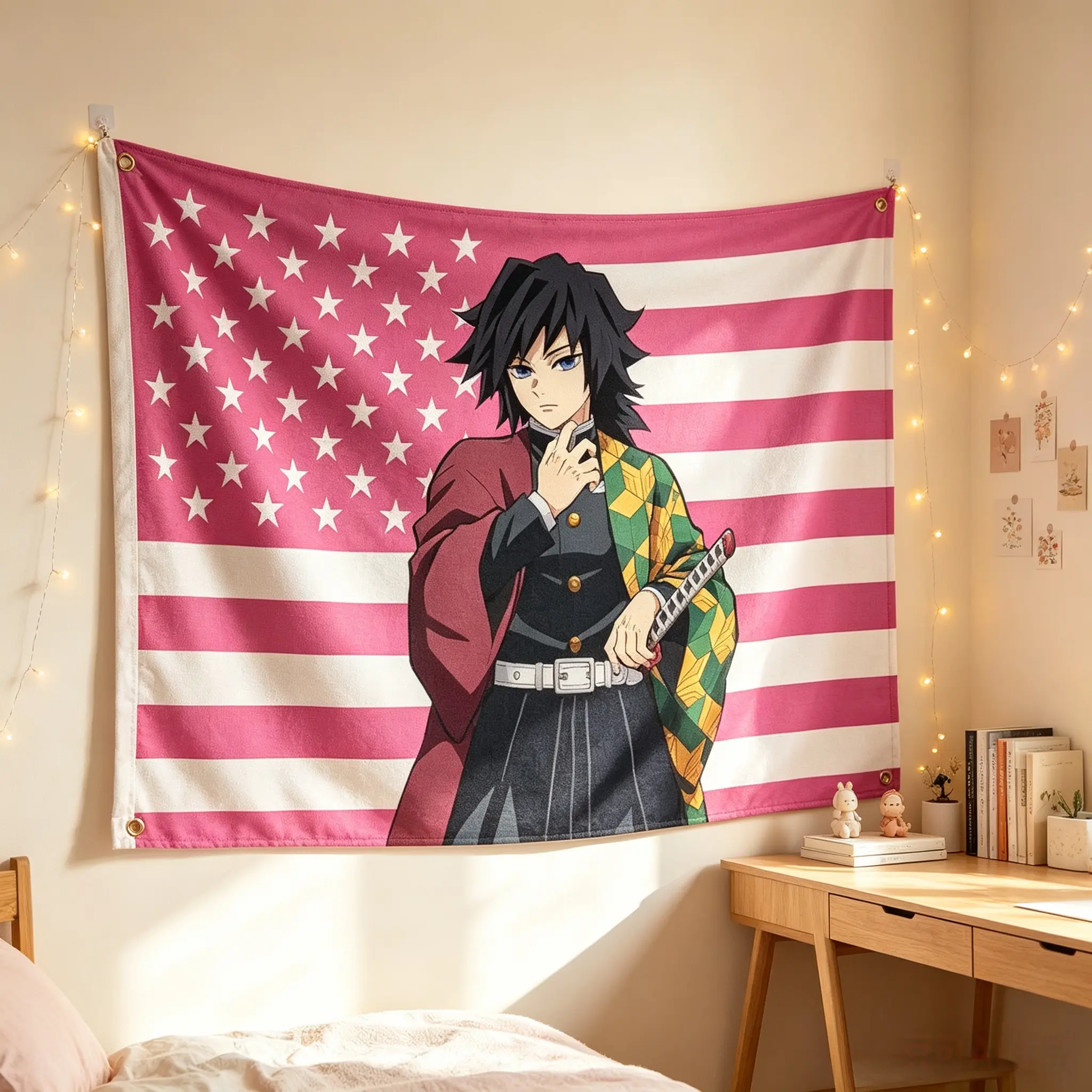 Demon Slayer: Kimetsu No Yaiba Tomioka Giyuu American Flag Fabric Print Tapestry - Wall Hanging Banners, Home Decor Wall Supplies for Indoor Room & Outdoor Use