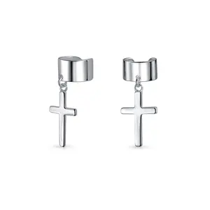Religious Ear Lobe Cartilage Ear Cuff Dangling Cross Earrings Sterling Silver