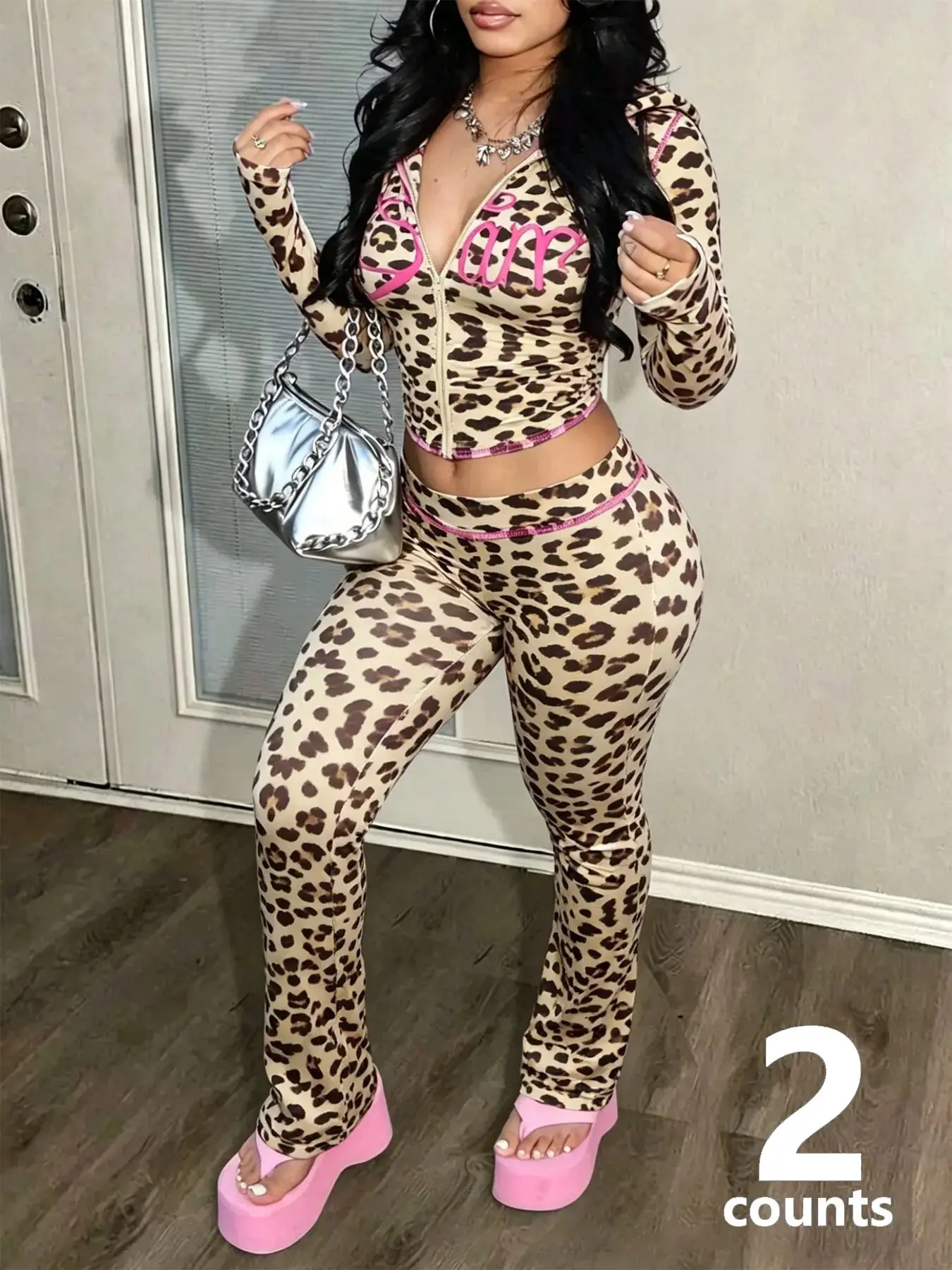 Women's Leopard Print Two-Piece Set, Hooded Zipper Sweatshirt with Slim Pants, Y2K Street Style, Casual Fashion for Daily Wear