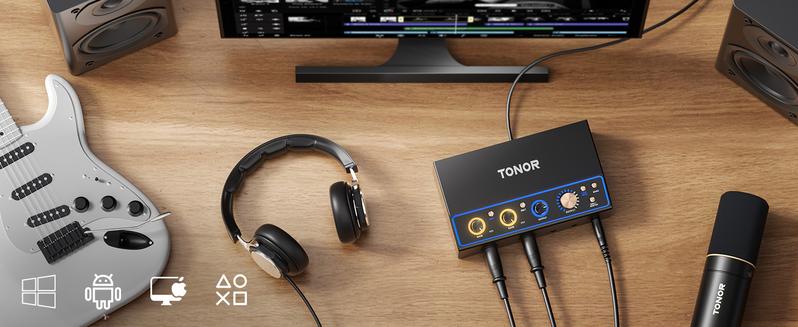 TONOR TX510 2O2 Audio Interface for Recording, USB Audio Mixer for Podcasting, 2 XLR & 6.35mm Channel Sound Board with RGB