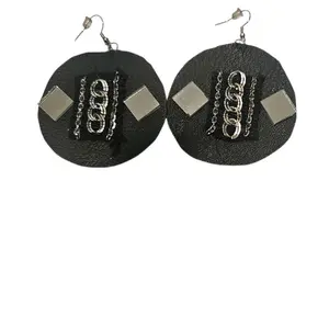 Mirror Me Black Leather Earrings with Silver Chain and Square Studs for Women's Fashion