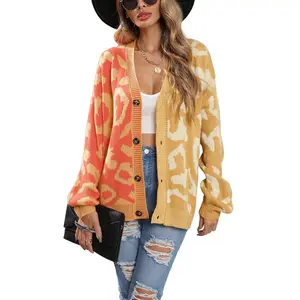 Chouyatou Women's Color Block Leopard Print Button Down Long Sleeve Cardigan Sweaters