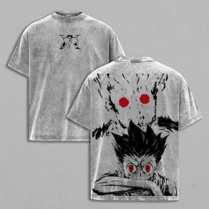 Vintage Washed Hunter x Hunter Gon Freecss Rage Mode Double Sided T-Shirt, Oversized Retro Distressed Anime Graphic Tee, Harajuku Streetwear Y2K Aesthetic, 100% Cotton Casual Short Sleeve Top, Japanese Manga Red Eyes Transformation Print Summer Outfit, Sh