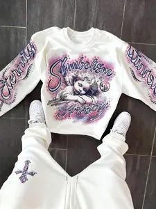 Men's Angel Print Warm Hoodie and Drawstring Waist Sweatpants Set, Casual Fitted Two-Piece, Spring & Fall Fashion