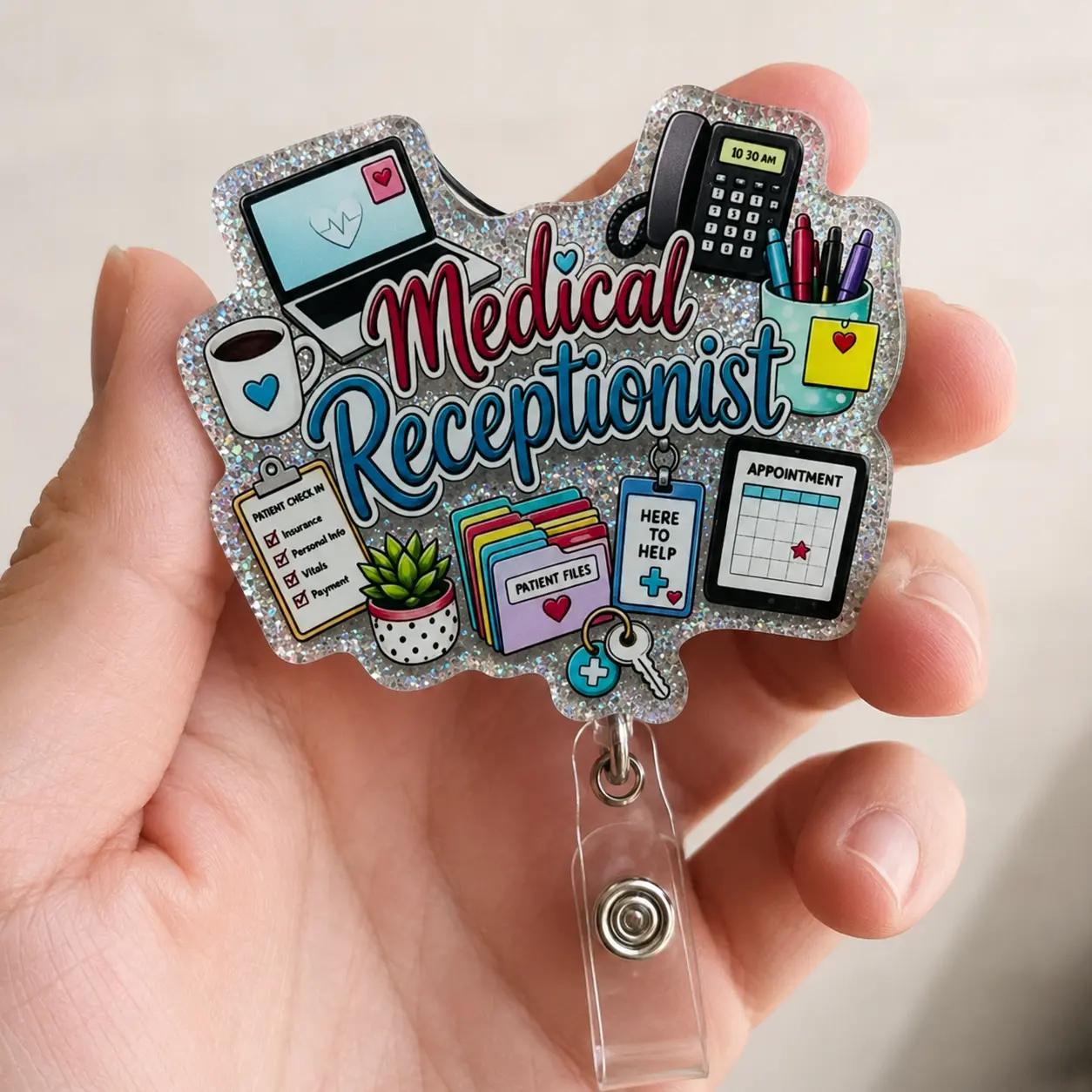 Badge Reels for Medical Receptionists, Cute Glitter Acrylic Medical Receptionist ID Holder, Retractable Clip Doctor Office Front Desk Gift
