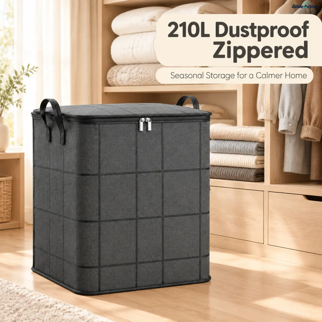 Upgraded 210L Dustproof Storage Bin with Zipper, Foldable Fabric Closet Organizer, Large Box for Comforters Sweaters Off-Season Clothes