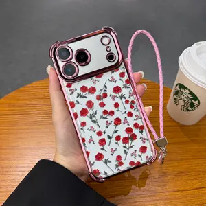 Romantic rose pattern lanyard phone case, four corner airbag anti fall protection, non yellowing electroplated ultra-thin TPU phone case, suitable for iPhone 17 Pro Max Air 16 Pro Max 15 Plus 14 13 12 11 XR Samsung Galaxy S25 S24 S23 S22 phone case. A131