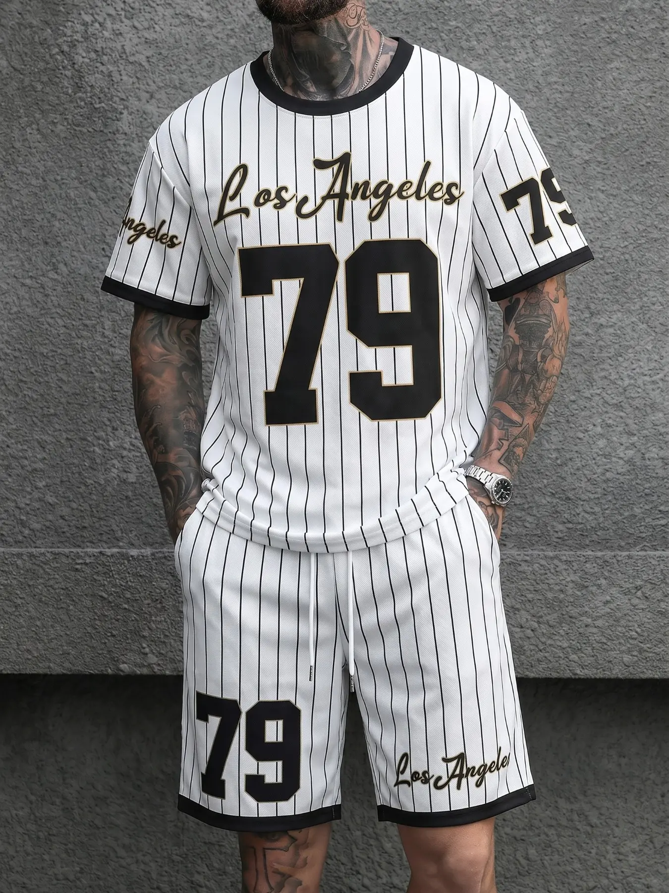 Vintage LA 79 Print Striped Jersey & Shorts Set - Lightweight Breathable Fabric, Relaxed Fit for All-Day Comfort, Versatile Streetwear for Gym, Beach & Daily Wear, Trendy 90s Hip-Hop Style