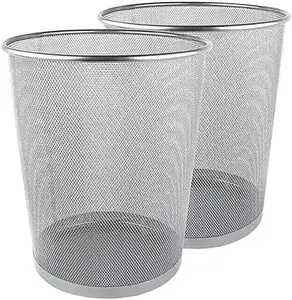 TWINS CHA & SAL Mesh Wastebasket Trash Can for Home and Office Workspace, Metal Office Trash Can Round-Shaped, 4.75 Gallon (2-Pack), Silver Bin