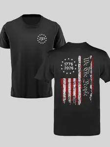 Men's USA 250th Anniversary Classic Patriotic Print Fitted T-Shirt, Short Sleeve Crew Neck Casual Athletic Tee for Gym Training & Daily Wear, Casual Summer Clothing, Menswear