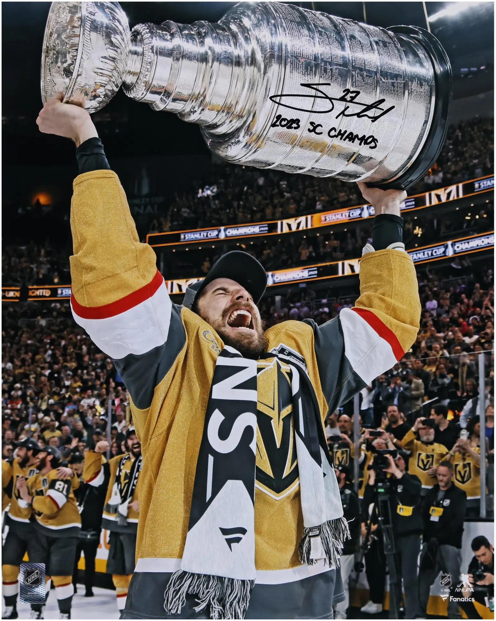 Shea Theodore Vegas Golden Knights Autographed 2023 Stanley Cup Champions 16" x 20" Raising Cup Photograph with "2023 SC Champs" Inscription - Fanatics Authentic Certified
