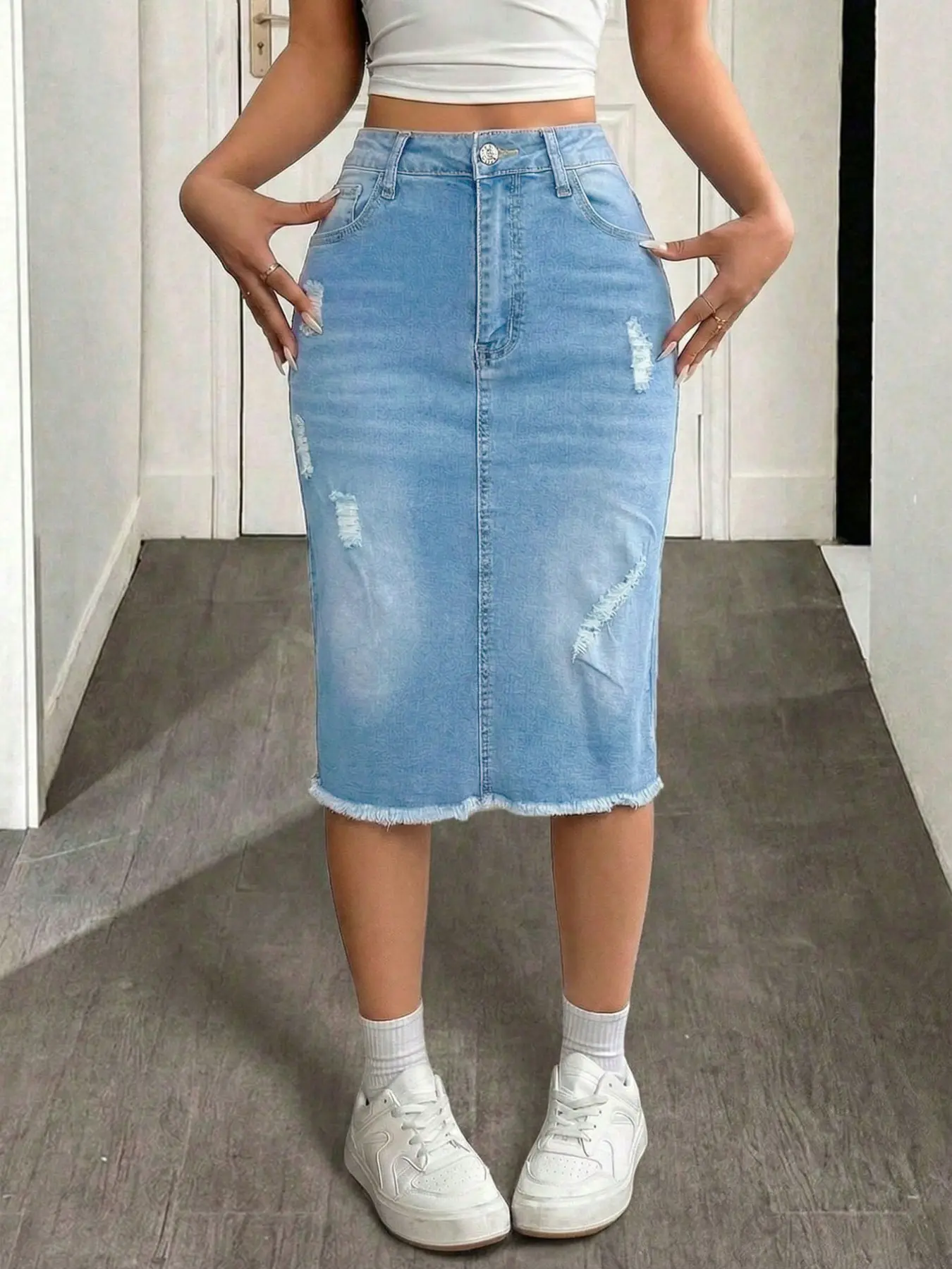 Women's Distressed Denim Skirt Midi Pencil Skirt with Back Slit Raw Hem Ripped Jean Skirts for Women Casual