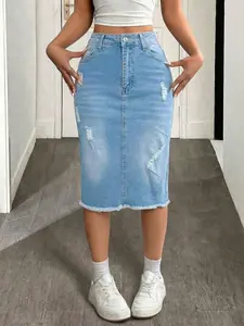 Women's Distressed Denim Skirt Midi Pencil Skirt with Back Slit Raw Hem Ripped Jean Skirts for Women