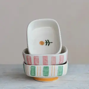 Green Flower Striped Stoneware Dish