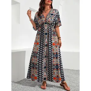 Plus Size Ethnic Pattern Ruched V Neck Dress, Boho Bohemian Casual Wear Floral Print Batwing Half Sleeve A Line Dress for Summer, Women's Clothes for Beach Holiday Vacation, Womenswear