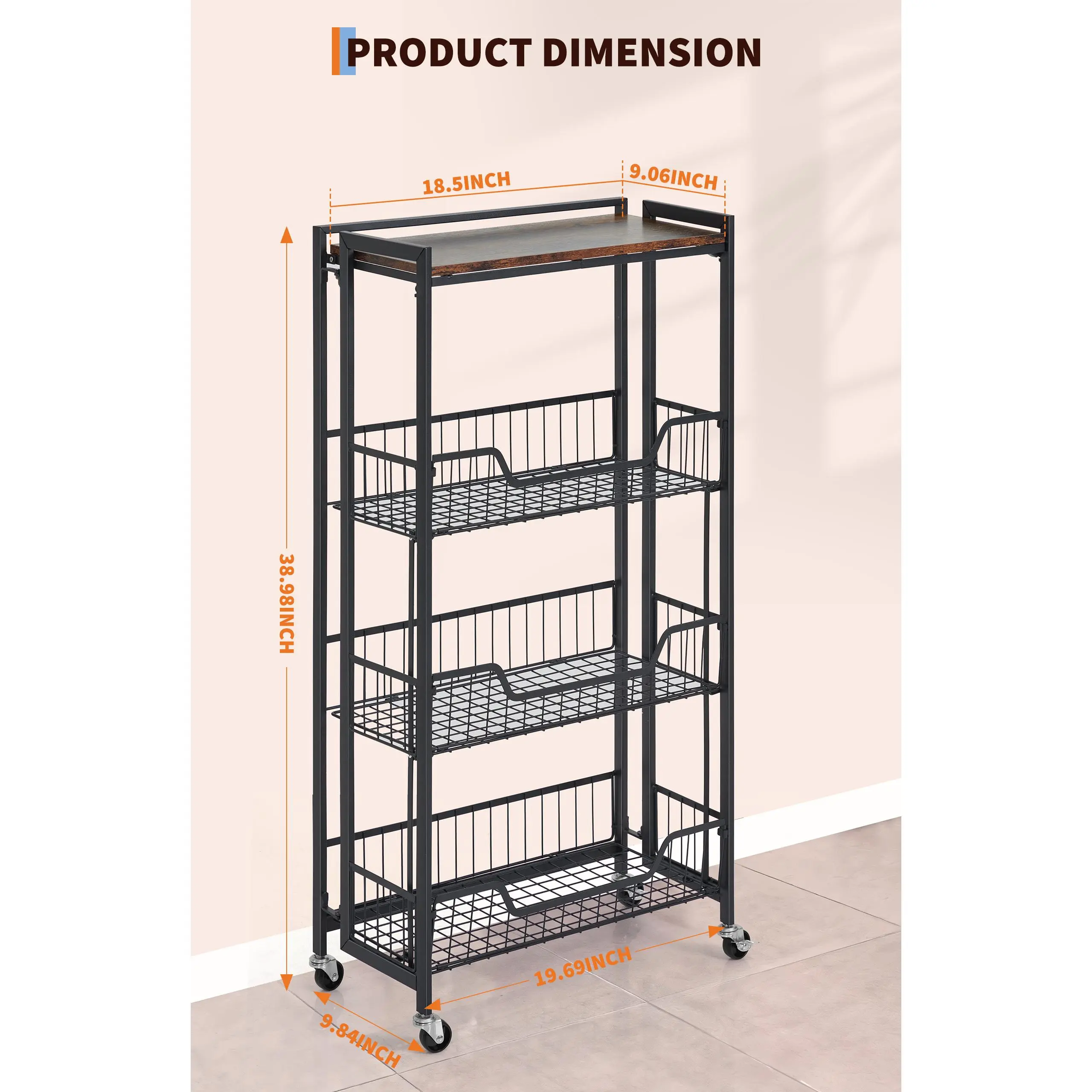 Heavy Duty Rolling Utility Cart, 4 Tier Collapsible Design with Lockable Casters, 100 lb Capacity Expandable Kitchen Shelf, Pre Assembled for Pantry, Garage or Bathroom