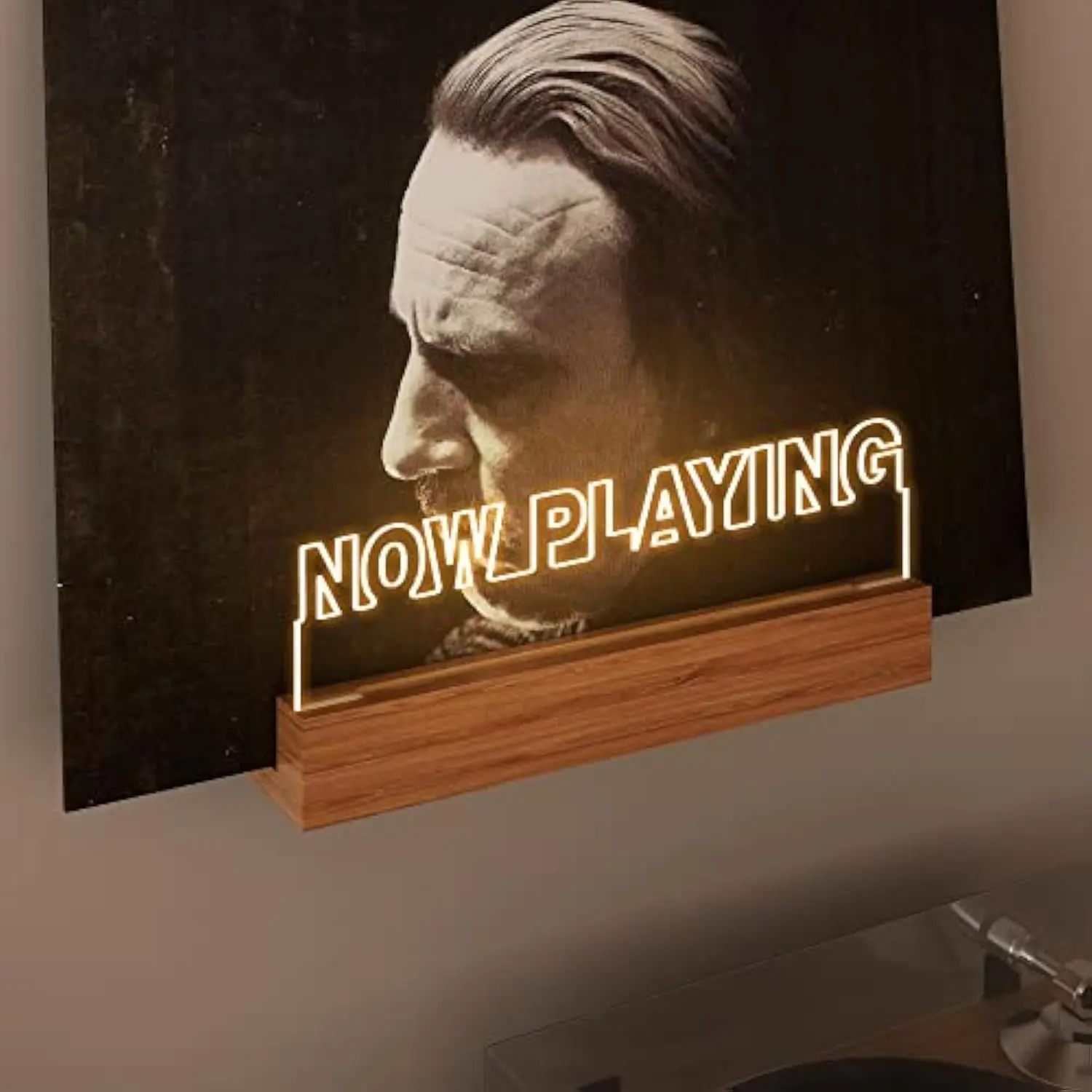 OKIYID LED "Now Playing" Rectangular Wall Mount Vinyl Record Shelf Organiser, Warm Color Warm White LED Indoor Lighting, Wooden-Acrylic USB-Powered Decor Shelves, Room Decor Gift for Vinyl Lovers (Birthday, Christmas)