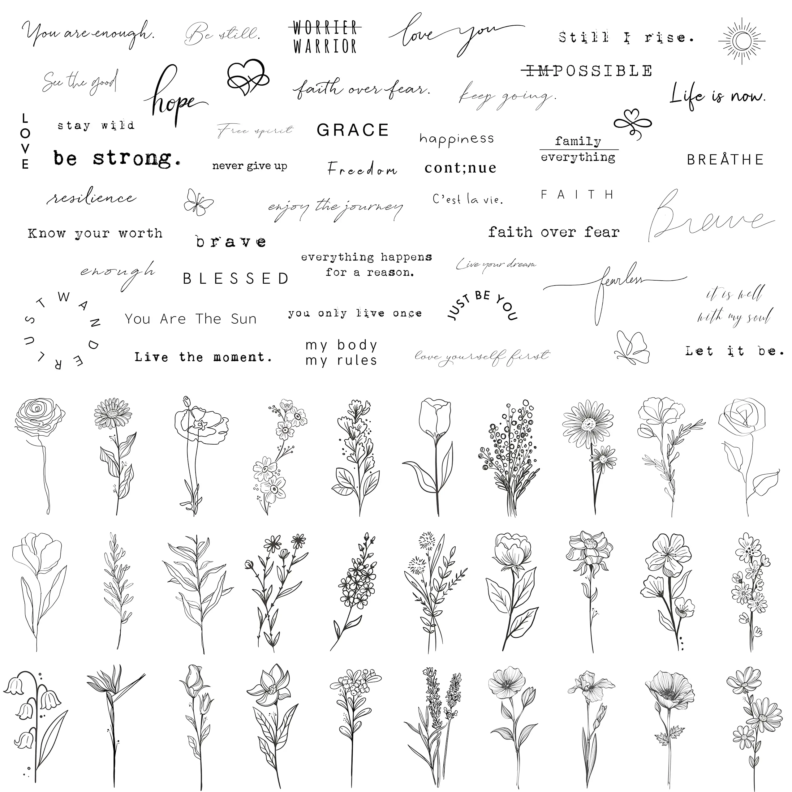 Realistic Temporary Tattoos - 60 Sheets Tiny Small Removable Tattoos, 30 Pcs Inspirational Quotes Words Tattoos, 30 Pcs Wild Flower Ink Line Botanical Floral Leaf Tattoo Stickers for Women