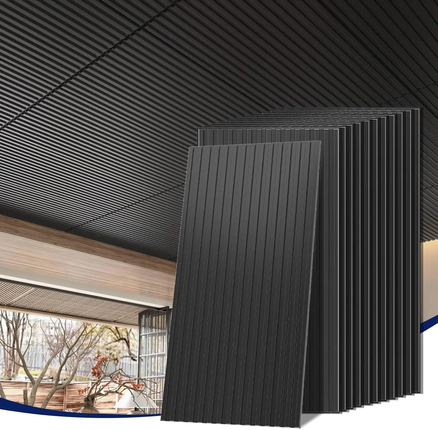 LooYee 6/24PCS Drop Ceiling Panels Black 3D Slat Fluted PVC Tiles 2x4 Ft Panels for Apartments Interior Decor (Cover 48/192Sq.Ft)