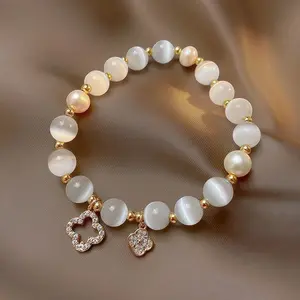 Cat's Eye & Clover Crystal Bracelet! ElasticRope Transfer Bead Jewelry