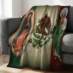 Our Lady of Guadalupe & Mexican Flag Throw Blanket, Saint Jude Flannel Blanket, Ultra Soft Warm Blanket, Cozy Fleece Gift Blanket, Decorative Blanket for Mexican Heritage, Religious Patriotic Print for Bedroom & Dorm Decor