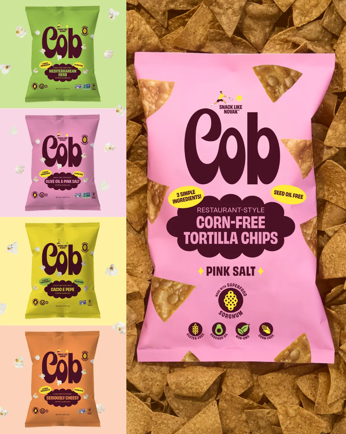 Sorghum Sampler - 4 Corn-Free Popcorn Bags + 1 Corn-Free Tortilla Chip Bag