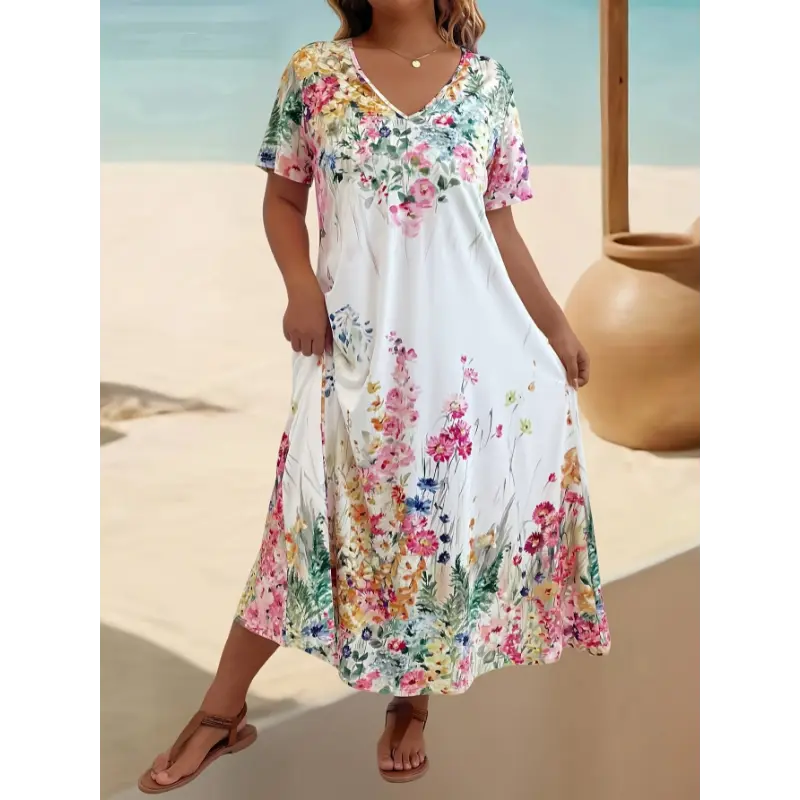 Women's Plus-Size Short-Sleeve Knit Casual Dress - Spandex-Polyester, V-Neck, Multicolor Floral Print, Stretch Fabric, All-Season Casual Wear for Vacation, Graduation, Multicolor 2 Design