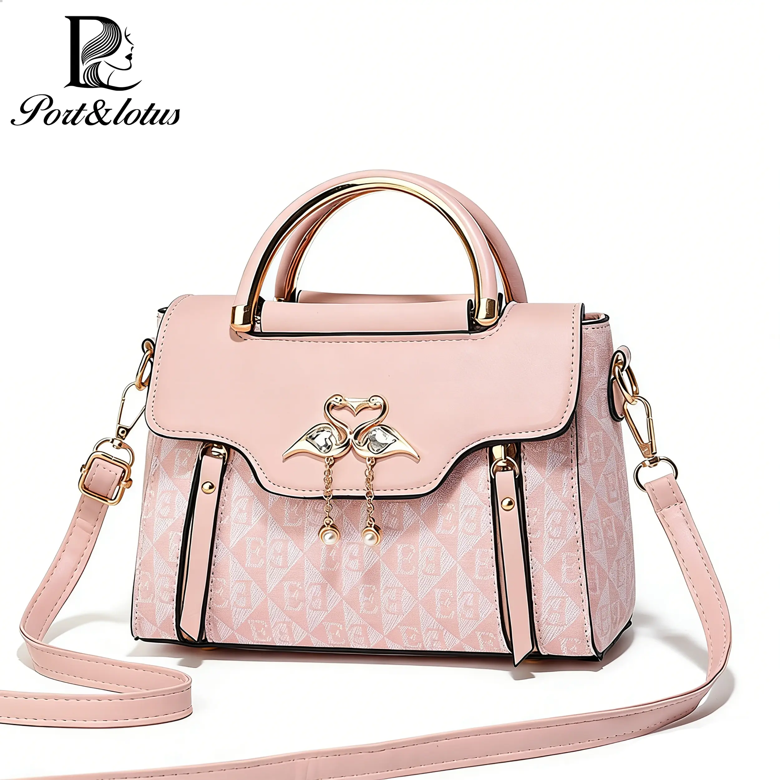 PORT&LOTUS Women's Elegant Printed Leather Top-Handle Crossbody Satchel - Casual Purse with Flamingo Charm, Crossbody Handheld Accessory, Ideal Womens Gift, Gifts for Women, Fashionable Purse, Purses