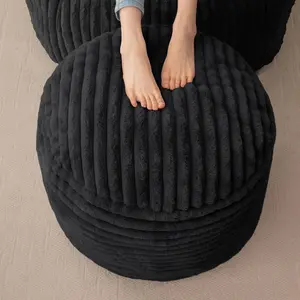 Round Stuffed Pouf Ottoman, Corduroy Poufs with High-Density Foam Filling, Furry and Fluffy Pouf Foot Stool Storage Ottoman, 20 X 15 Floor Poufs Foot Rest for Living Room, Black