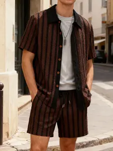 Men's 2-Piece Brown & Black Striped Loungewear Set, Menswear - Short-Sleeve Shirt (Textured Stripes + Contrast Black Collar) + Matching Drawstring Shorts, Soft Breathable Fabric, Relaxed Oversize Fit, Ideal for At-Home Lounging, Casual Indoor A, Homewear