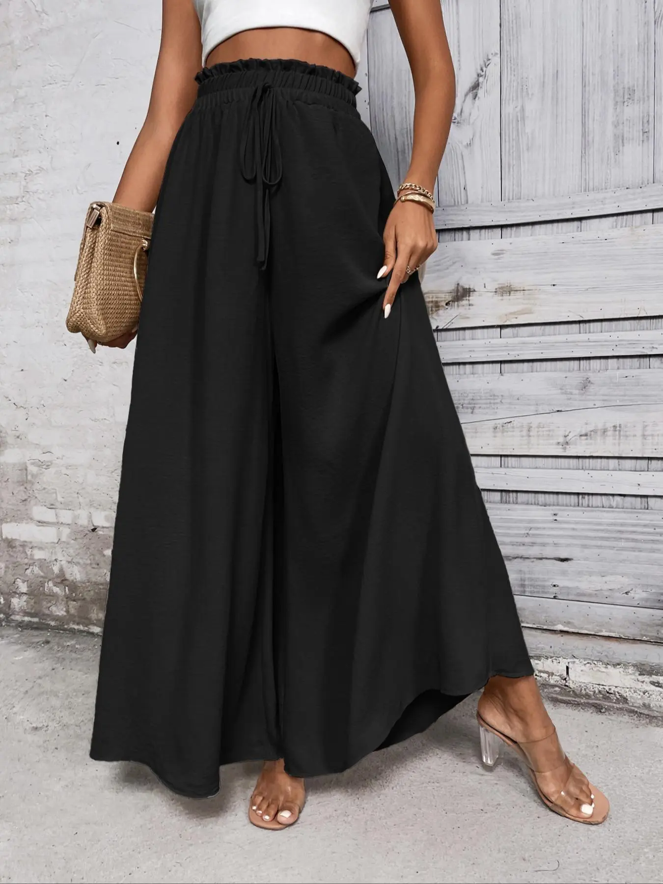Women's Plain Paper Bag Waist Tie Front Wide Leg Pants, Summer Clothes Women Casual High Waist Trousers for Summer, Women's Bottoms for Daily Wear, Summer Outfits - TikTok Shop Women's Plain Paper Bag Waist Tie Front Wide Leg Pants, Summer Clothes Women Casual High Waist Trousers for Summer, Women's Bottoms for Daily Wear, Summer Outfits - TikTok Shop