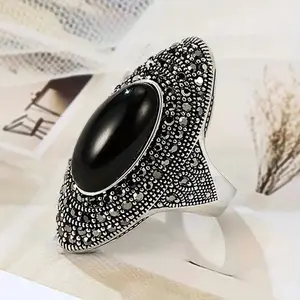 925 Sterling Silver Vintage Retro Cocktail Statement Ring Black Agate / Onyx / Obsidian Ring with Black Cubic Zirconia Surrounded Decor, Antique Silver Big Black Stone Ring Victorian Style Jewelry for Women and Men,Mother's day Gift