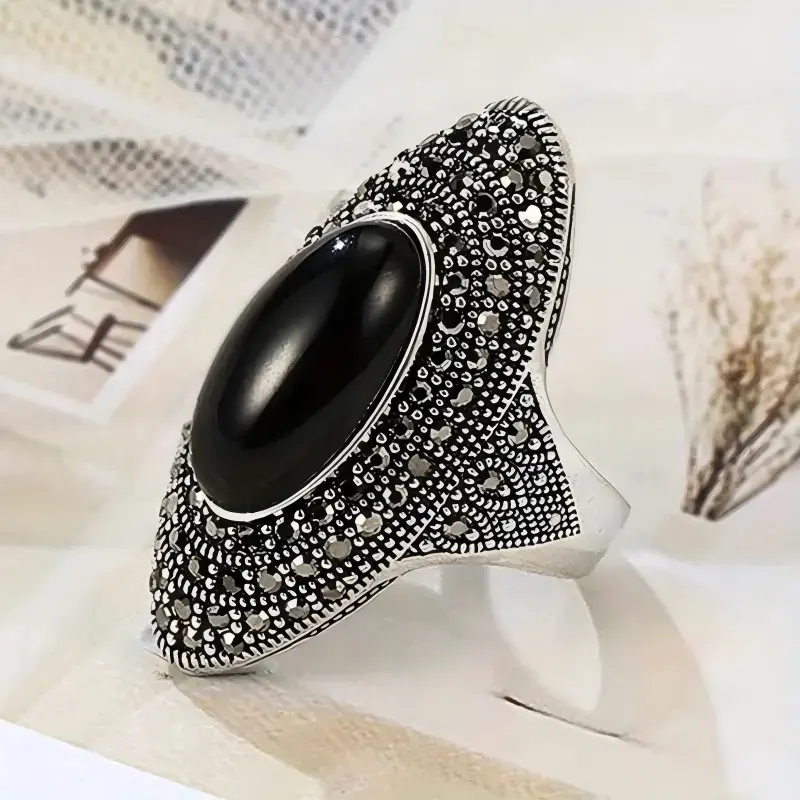925 Sterling Silver Vintage Retro Cocktail Statement Ring Black Agate / Onyx / Obsidian Ring with Black Cubic Zirconia Surrounded Decor, Antique Silver Big Black Stone Ring Victorian Style Jewelry for Women and Men,Mother's day Gift