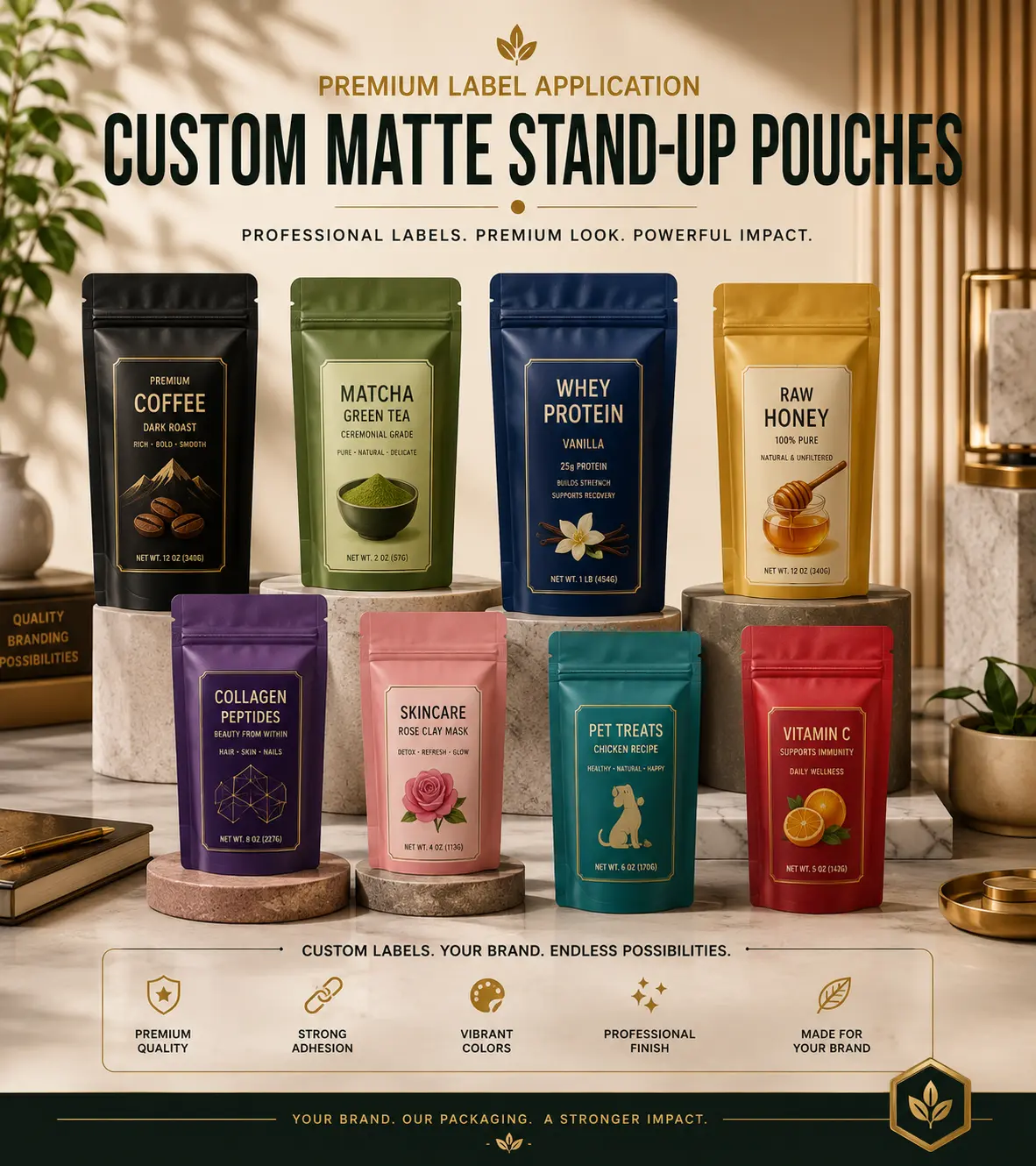 Custom Matte Stand-Up Pouches | Premium Label Application| 25 Pieces