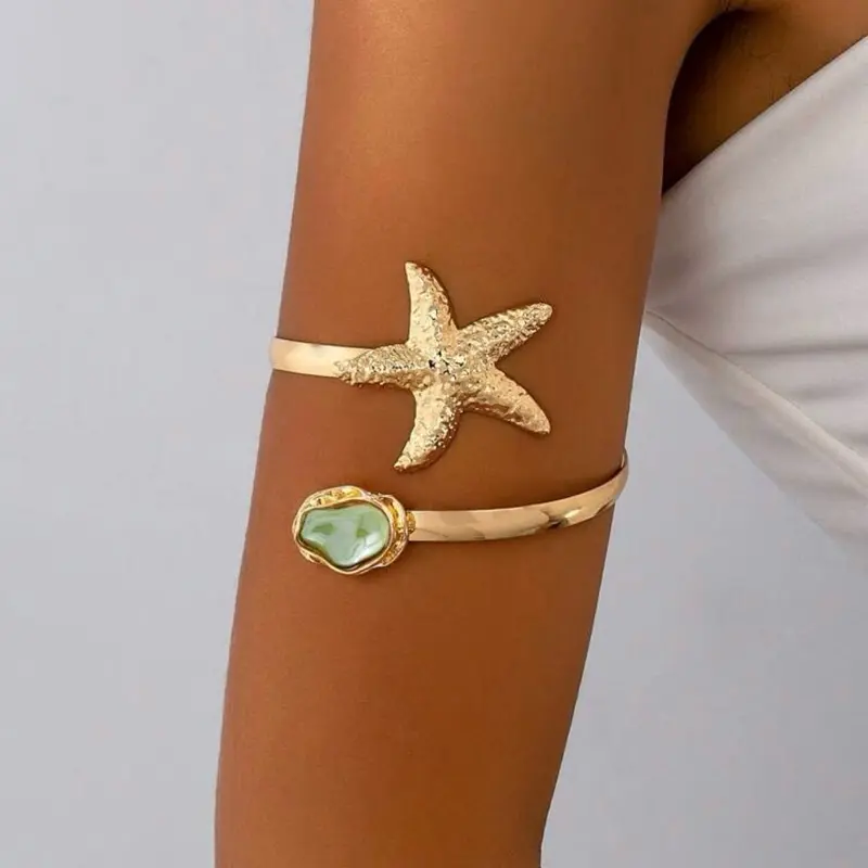 Women's 1pc Starfish Motif Opening Baroque Faux Pearl Armband - Female Elegant Party Wear Costume Jewelry for Beach Wedding, Genie/Mermaid Bangle Accessory, Holiday Gift