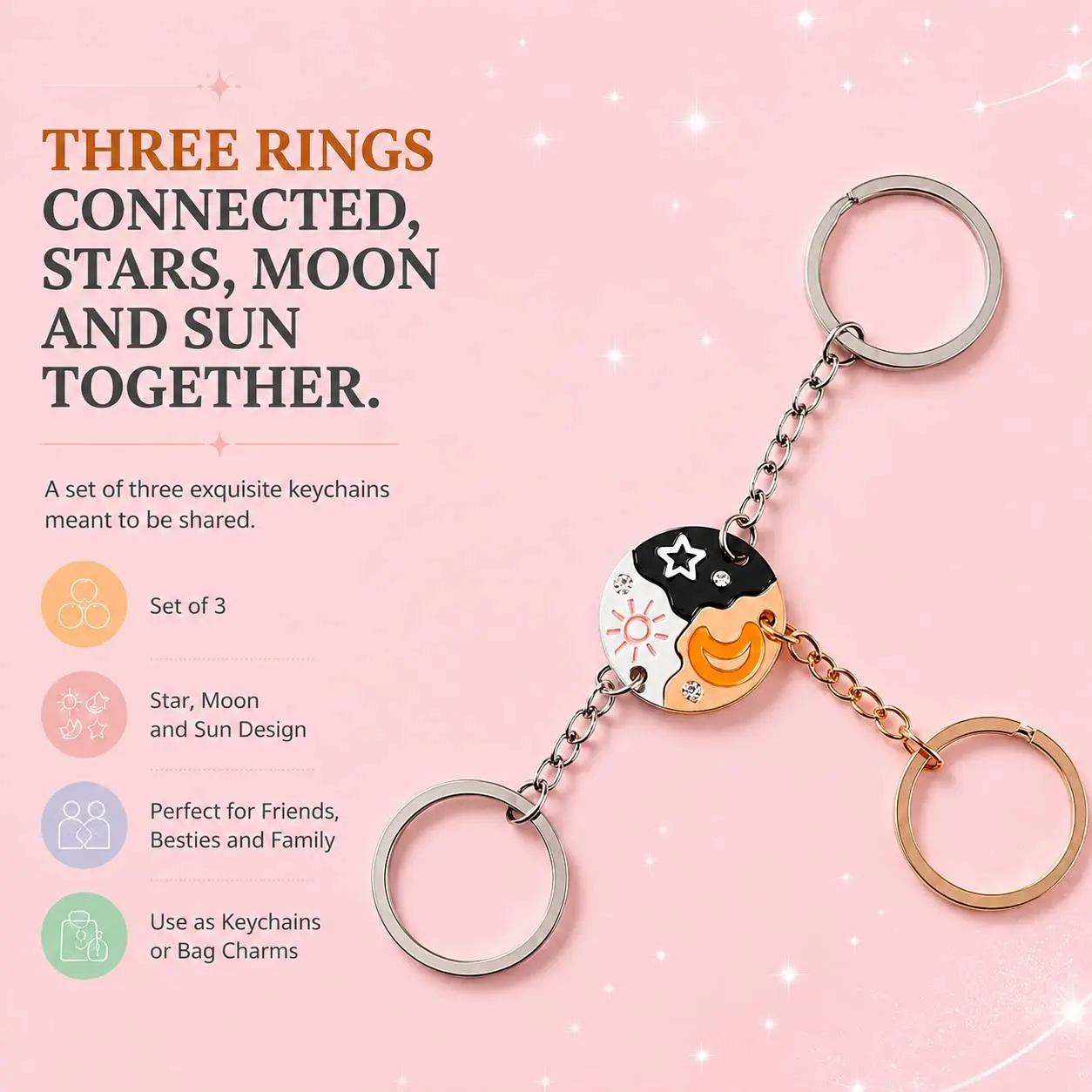 Women/Girls Friendship Round Stainless Steel Keychain Set - Sun Moon Star Puzzle Split Design, Magnetic Link Trio Gift
