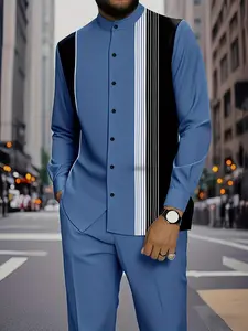 Men's Two-Piece Set, Spring & Fall New Comfortable Stand Collar Long Sleeve Shirt, Striped Colorblock Print, Outdoor Casual Streetwear