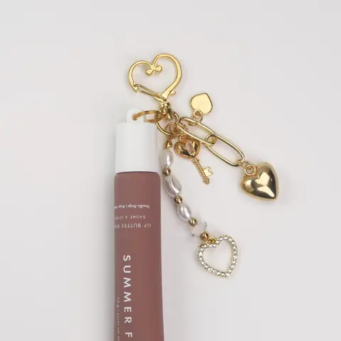 Aesthetic Cosmetic Keychain Lanyard - 1:1 Precise Fit for Summer Fridays 0.5oz Lip Balm Cap, Leak-Proof Pouch, Gold Heart Bag Charm, Keychain Attachment, Auspicious Daily Gift for Beauty Lovers, Clip to Keys/Bag for Friends