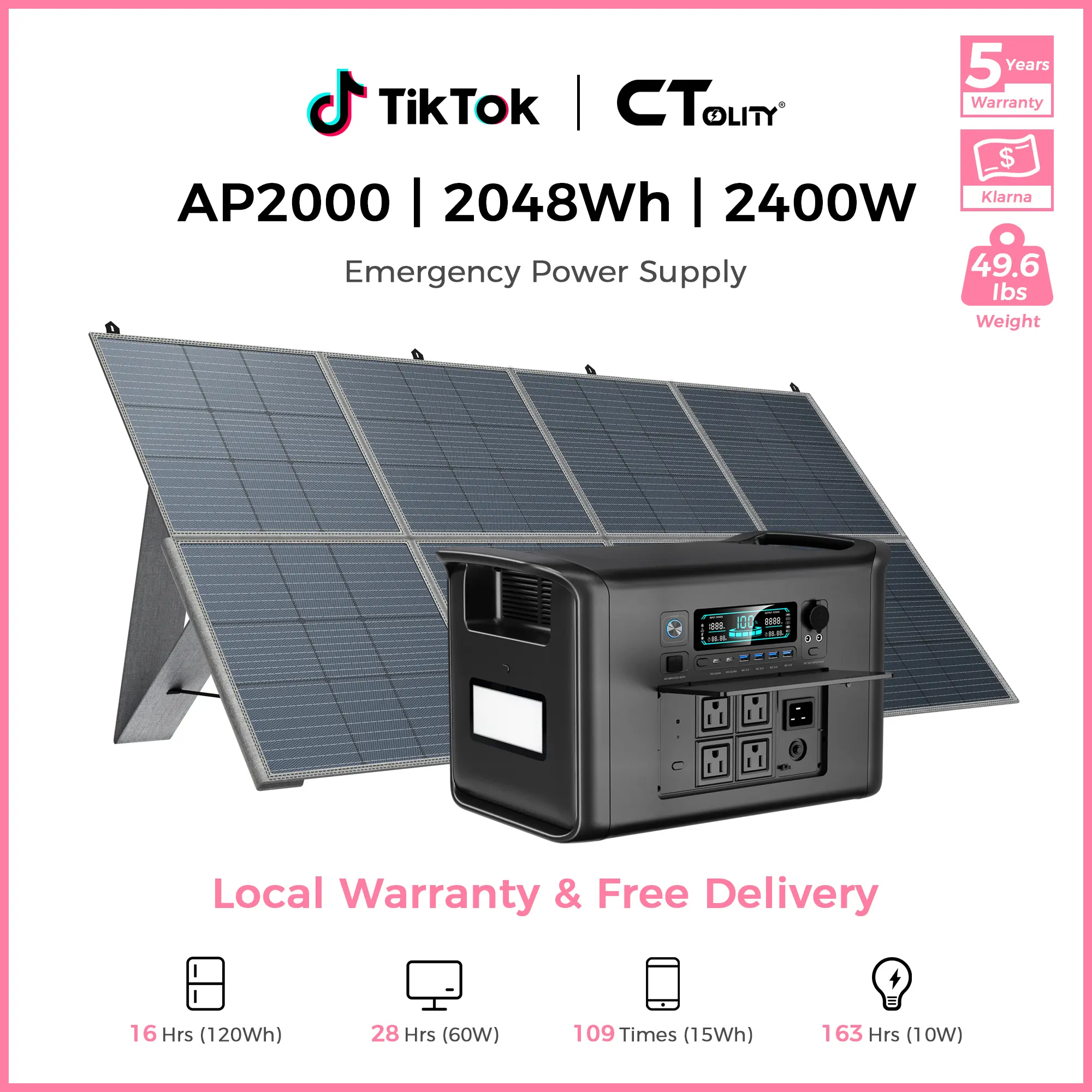 [TikTokShopBackToSchool] CTOLITY AP2000 2400W Portable Power Station + SP400 400W Solar Panel, 2048Wh LiFePO4 Solar Generator, 1000W Fast Charging, Battery Backup with UPS, Home Solar Power Station for RV, Camping & Emergency Use, Back to School Haul