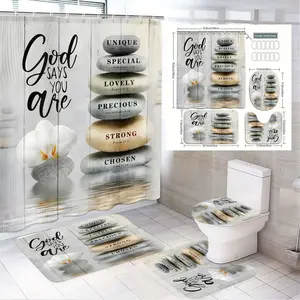 1/4pcs God Says You Are Blessed Minimalist Bathroom Set, Shower Curtain Sets - White Wood Texture Shower Curtain + Toilet Lid Cover + 2 Bath Mats with Gray Stones, White Orchid Accent, Reflective Water Surface - Clean Spir